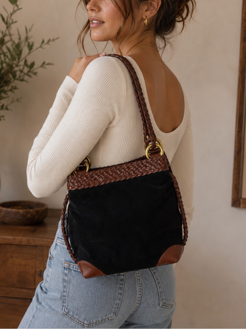 LJS Collection Black Suede Brown Leather Braided Shoulder Bag Vintage